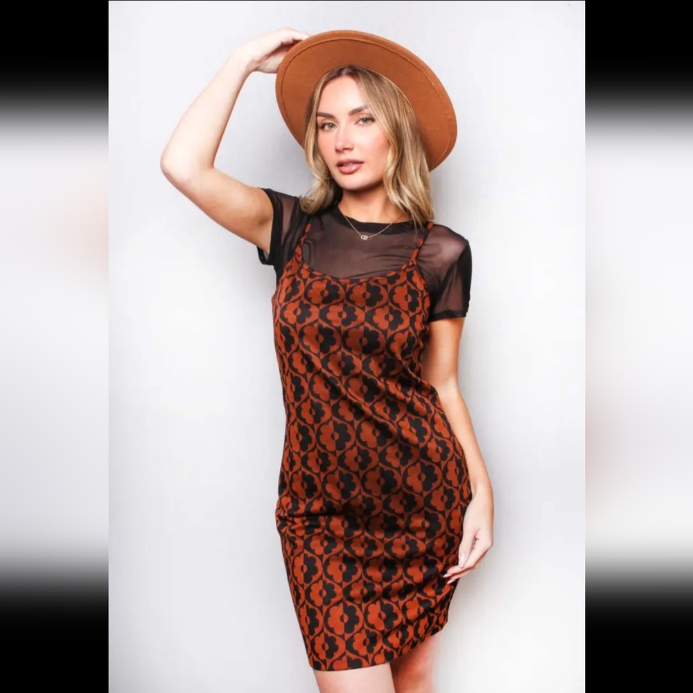 Y2K 2pc Dress & Mesh Top - Cappuccino